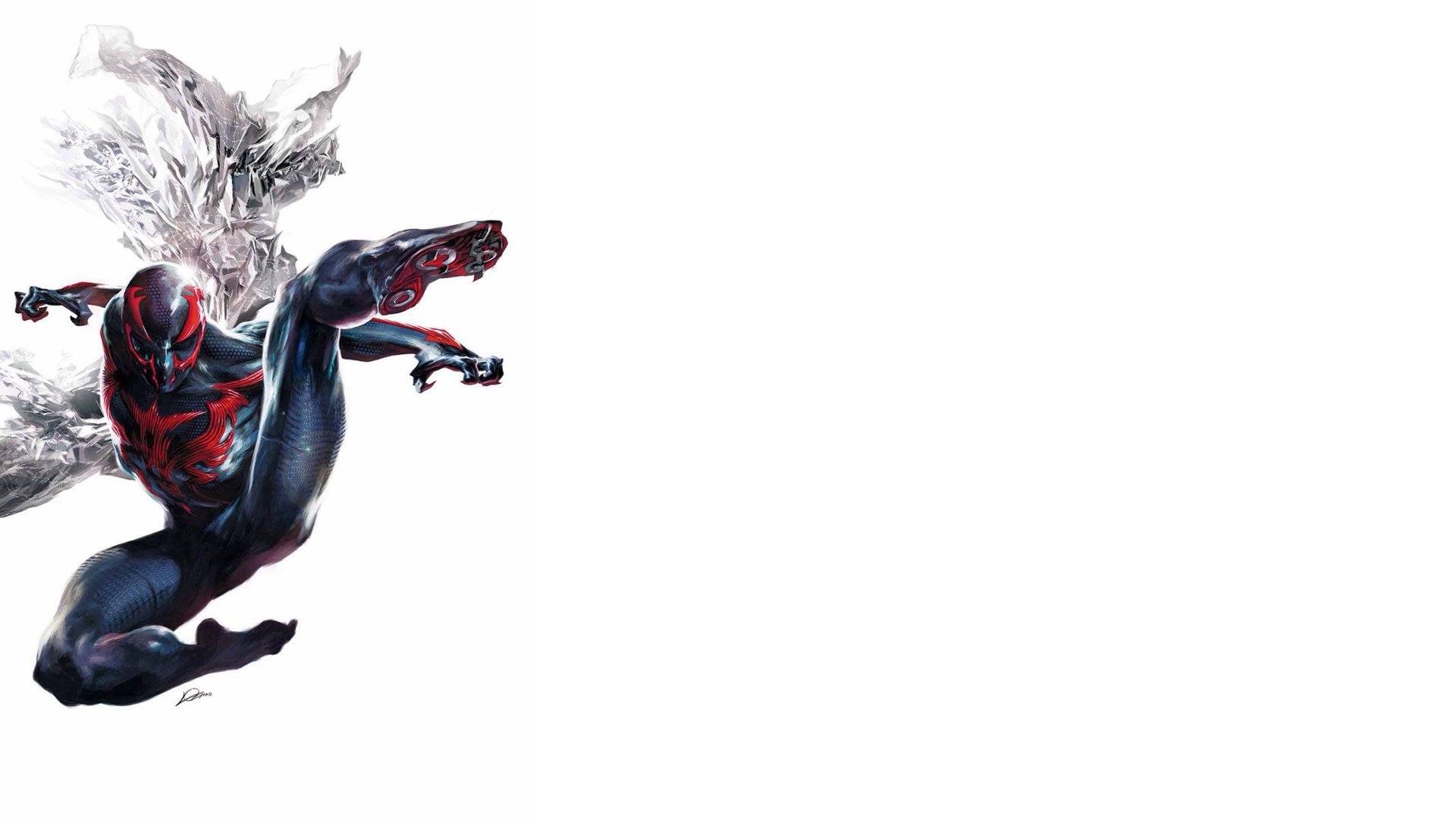 HD PC desktop wallpaper featuring Spider-Man 2099 in a dynamic pose, showcasing the futuristic comic character against a clean white background.