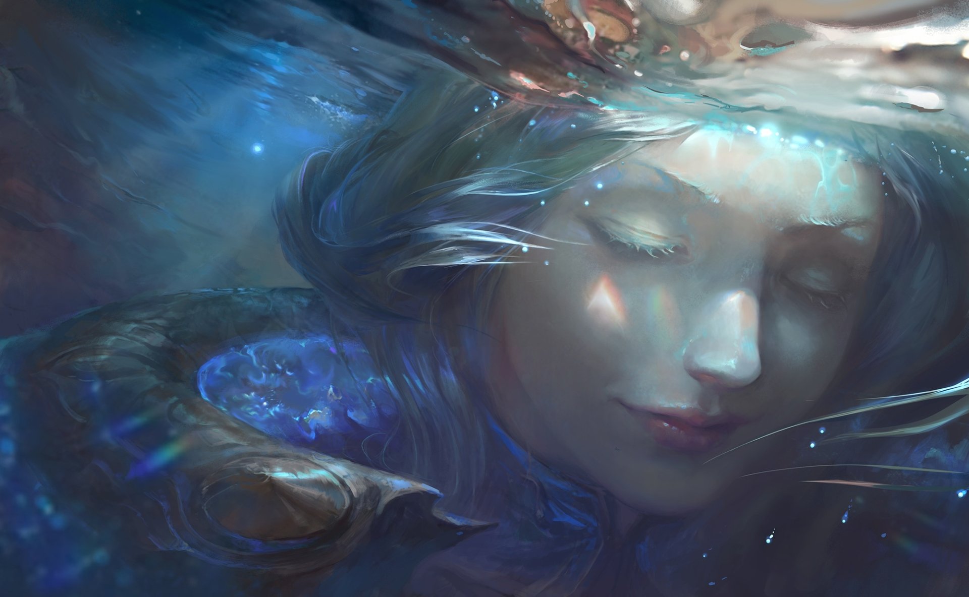 Underwater HD desktop wallpaper featuring Lux from League of Legends with soft light reflecting on her serene face in a video game art style.