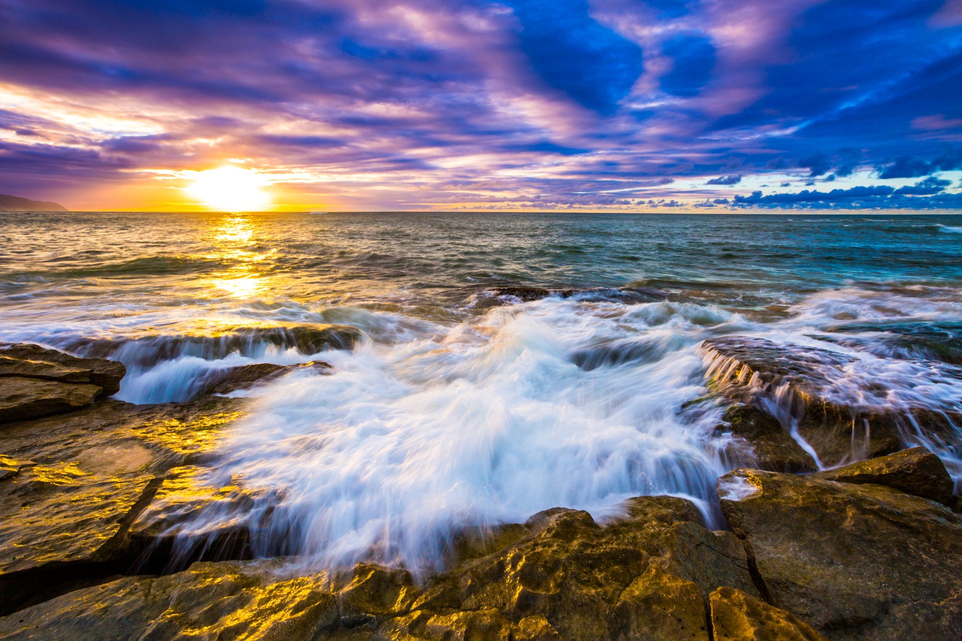 Hawaiian Sunset over Rocky Sea