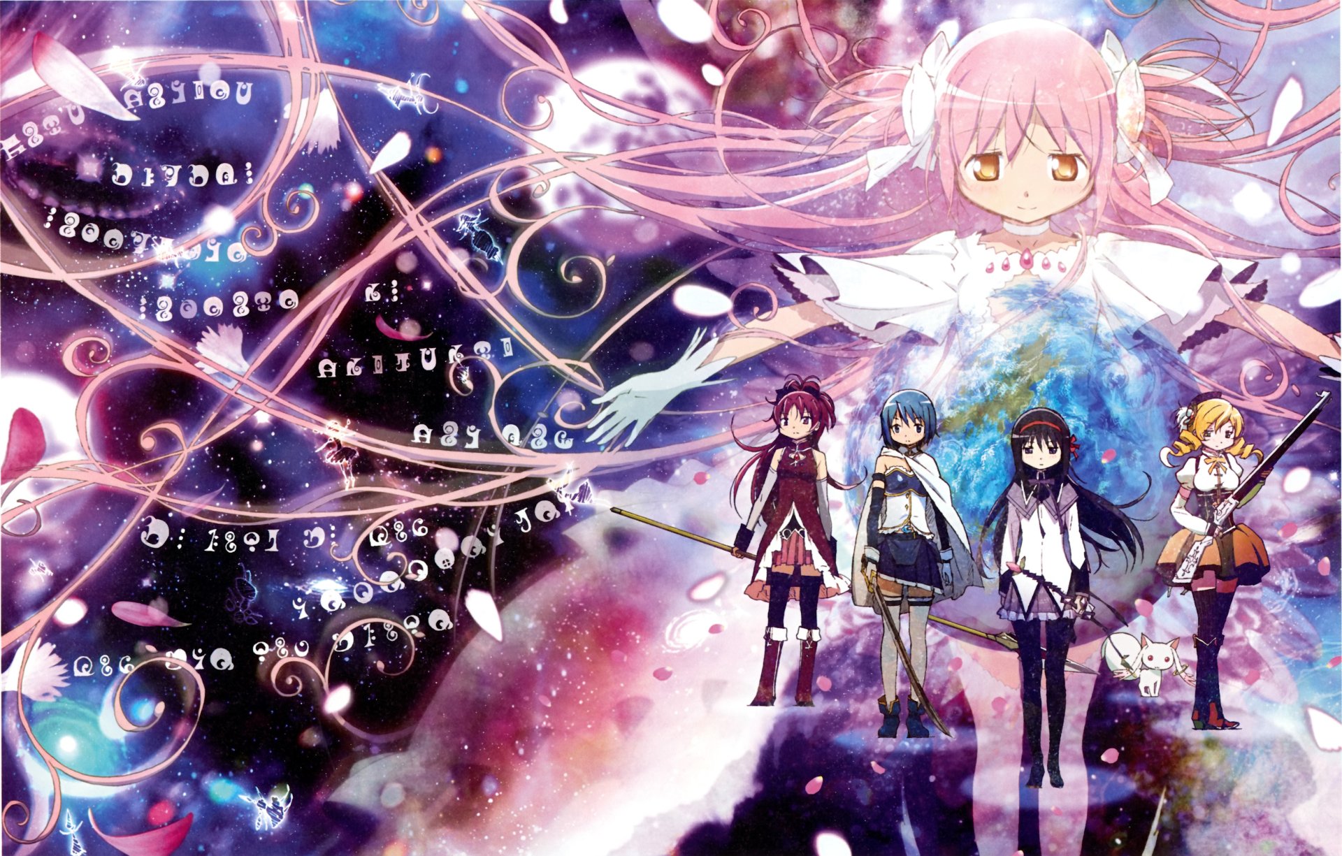 HD PC desktop wallpaper featuring anime characters from Puella Magi Madoka Magica with vibrant cosmic and magical effects in the background.