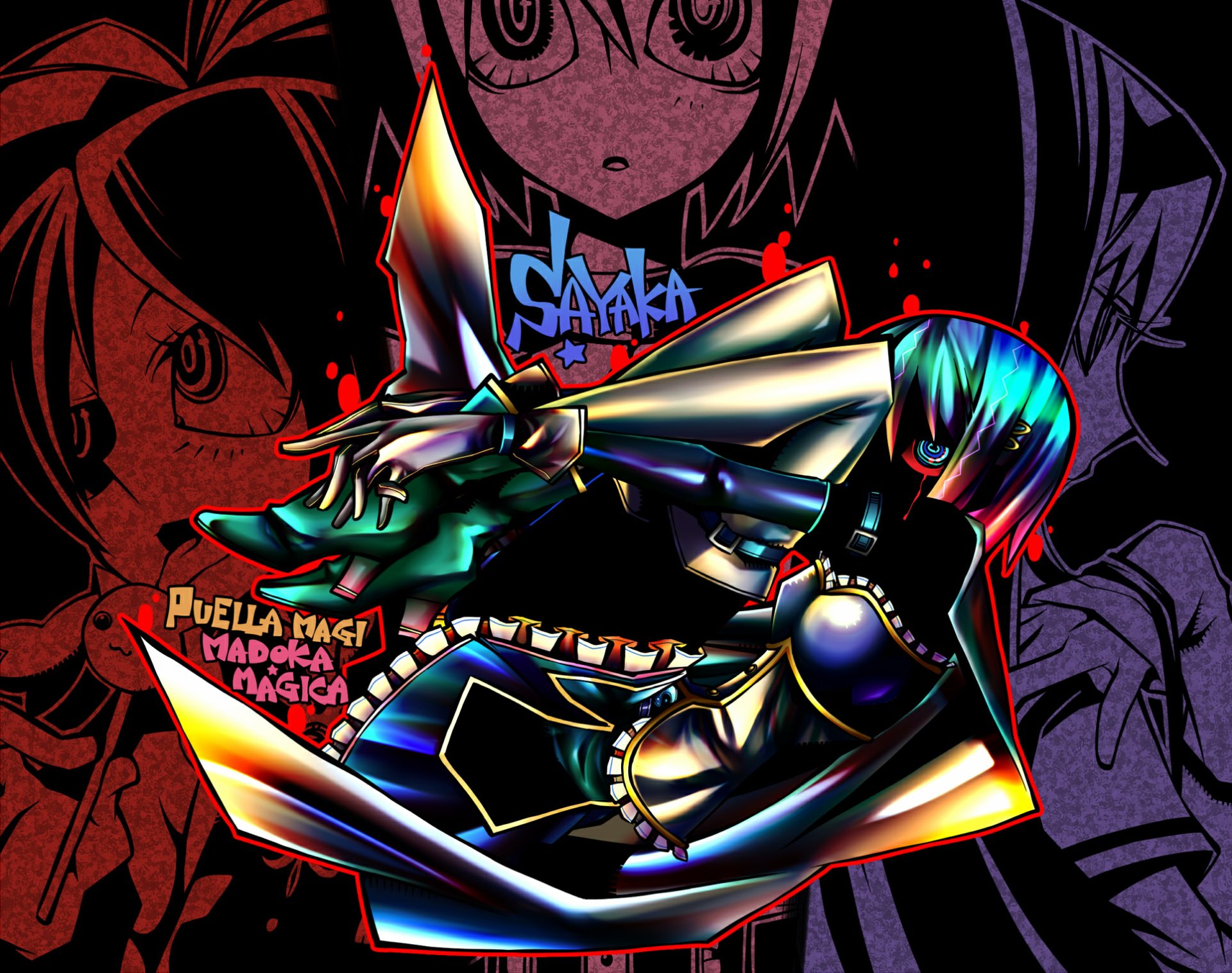 HD PC desktop wallpaper featuring vibrant, stylized characters from the anime Puella Magi Madoka Magica with dynamic lighting and bold colors.