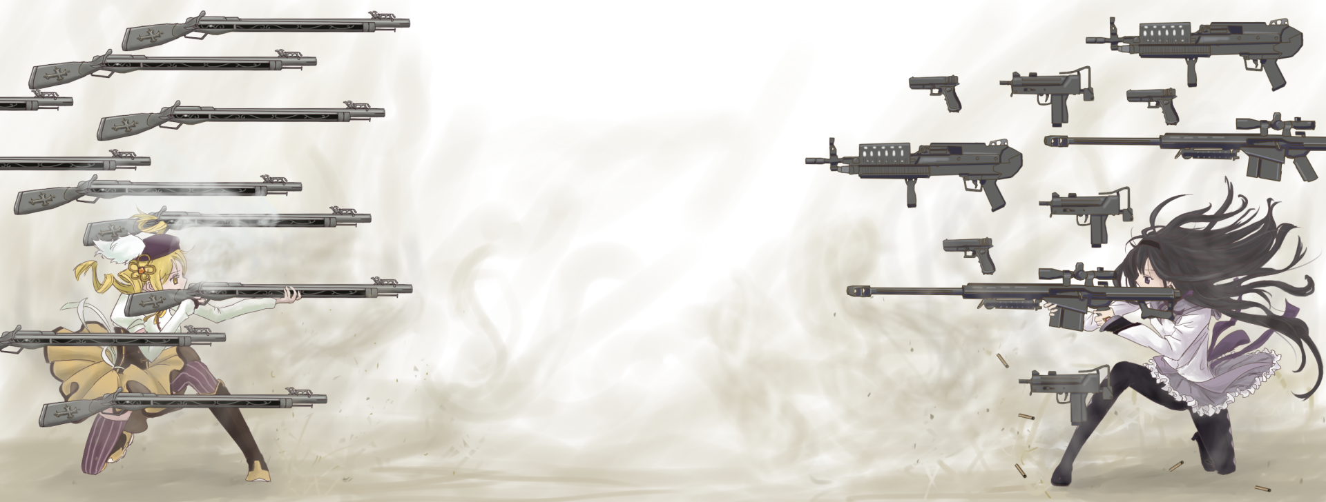 Anime HD PC desktop wallpaper: Puella Magi Madoka Magica inspired pale, dusty background with dark floating guns arranged along the left and right edges.