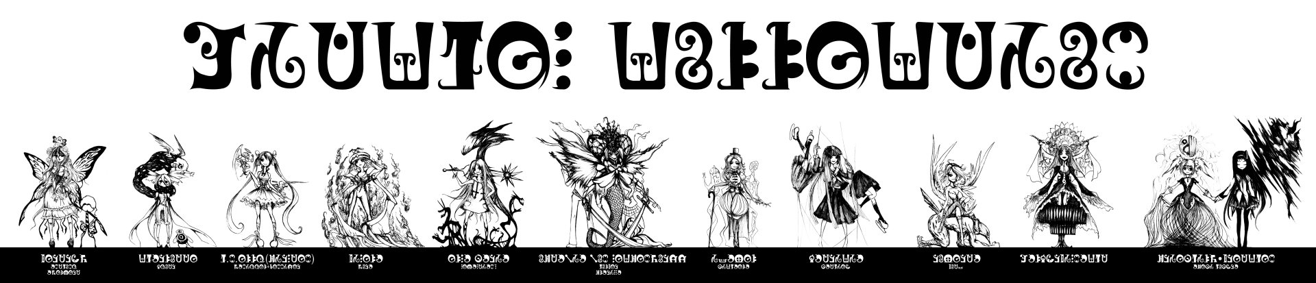 Black and white HD PC desktop wallpaper featuring stylized, abstract character designs from the anime Puella Magi Madoka Magica.