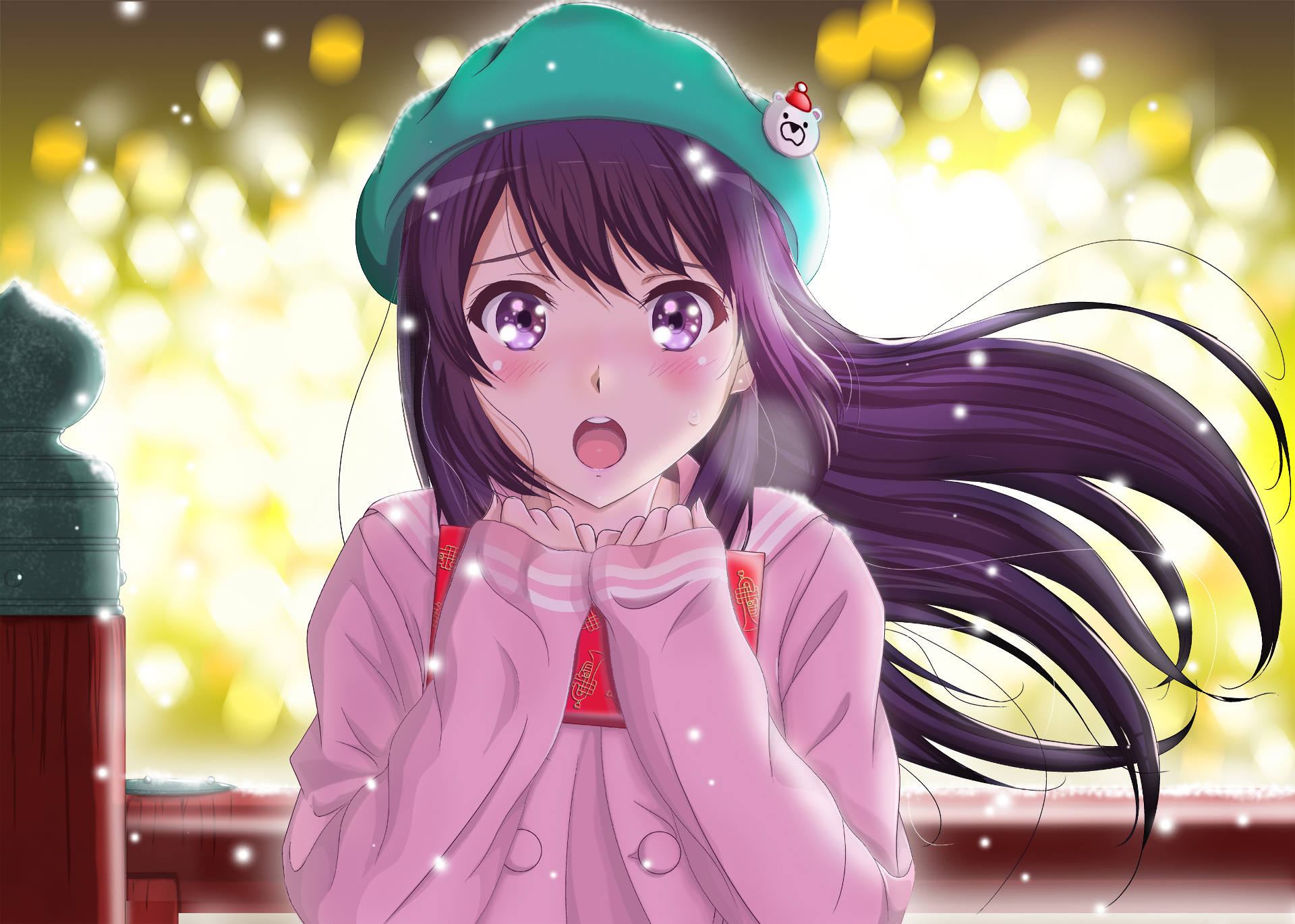 Anime HD wallpaper featuring a character from Sound! Euphonium, wearing a green beret and a pink outfit with a surprised expression, set against a blurred, sparkling background.