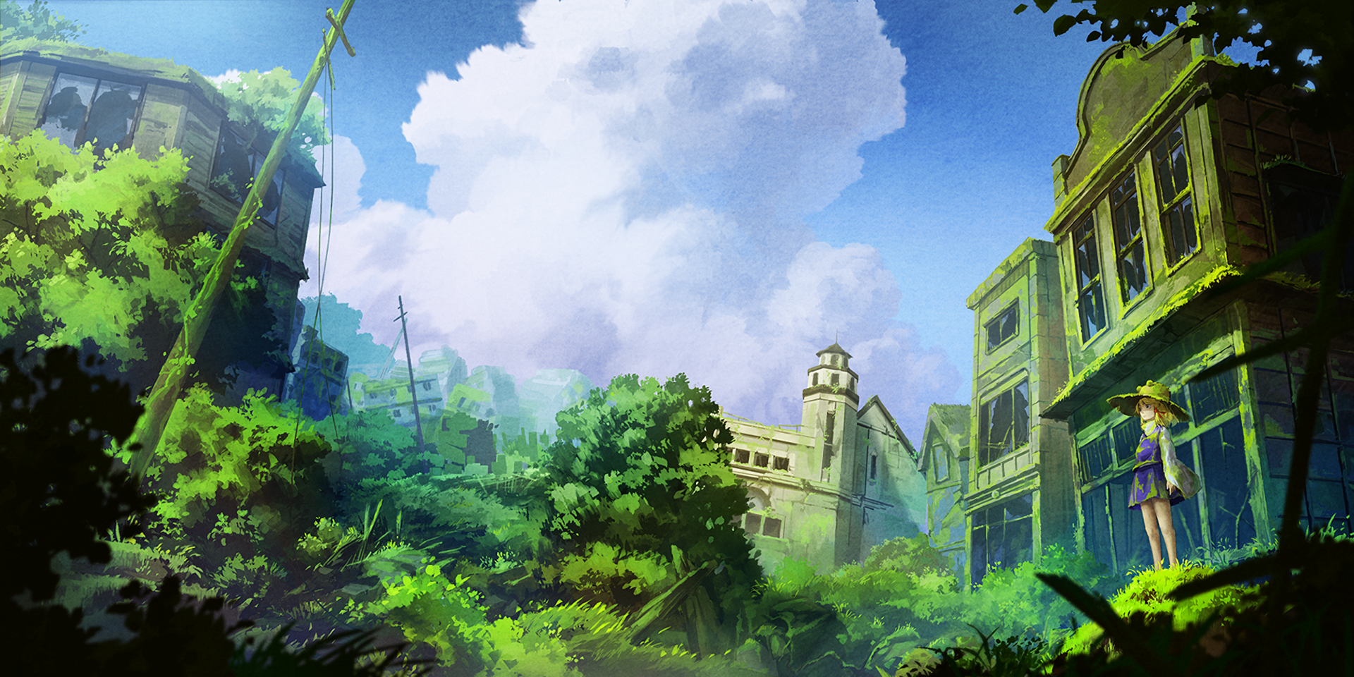 HD PC wallpaper featuring Suwako Moriya from Touhou, surrounded by lush greenery and old buildings under a bright blue sky with fluffy clouds.