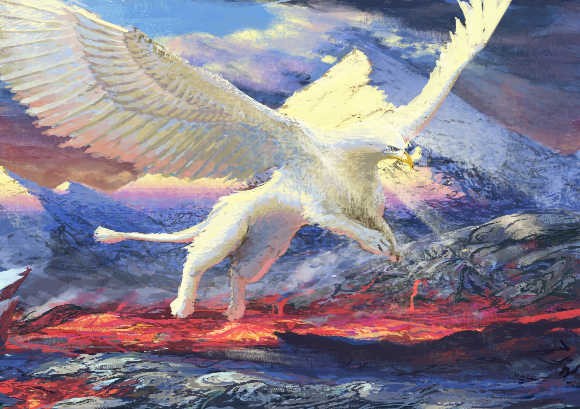 4K Ultra HD fantasy wallpaper featuring a majestic white griffin with expansive wings soaring over a volcanic, rocky landscape.