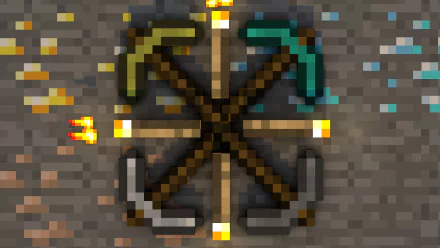 HD desktop wallpaper featuring pickaxes in a circular arrangement from the video game Minecraft, set against a pixelated background.