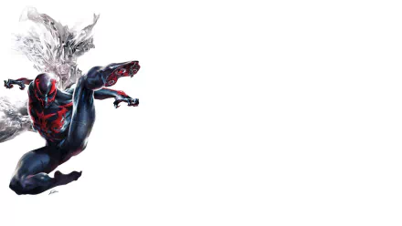 HD PC desktop wallpaper featuring Spider-Man 2099 in a dynamic pose, showcasing the futuristic comic character against a clean white background.