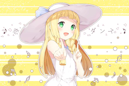 HD PC desktop wallpaper featuring a cheerful girl with long blonde hair and a wide-brimmed hat from the video game Pokémon: Sun and Moon.
