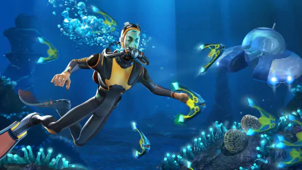HD wallpaper of a Subnautica game scene showing a diver underwater with futuristic equipment and marine life.