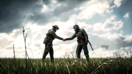 Two soldiers shake hands in a grassy field under a dramatic sky, capturing a moment of camaraderie in the video game Battlefield 1. High-definition PC wallpaper.