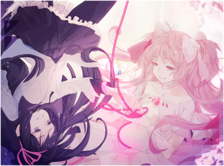 Anime Puella Magi Madoka Magica 2K Quad HD PC desktop wallpaper: mirrored floating Madoka (pink) and Homura (dark) entwined by glowing pink ribbons, soft pastel glow.
