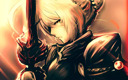 HD desktop wallpaper featuring Saber Alter, also known as Artoria Pendragon (Alter), from the Fate/Stay Night series. The anime character is shown holding a sword with intense emotion.
