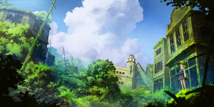 HD PC wallpaper featuring Suwako Moriya from Touhou, surrounded by lush greenery and old buildings under a bright blue sky with fluffy clouds.