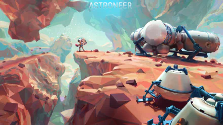 HD ASTRONEER desktop wallpaper featuring an astronaut exploring a stylized rocky alien landscape with futuristic equipment.