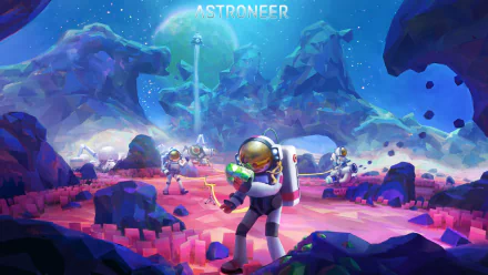 HD desktop wallpaper featuring ASTRONEER characters exploring a vibrant alien landscape with futuristic tools.