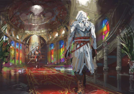 HD desktop wallpaper from Assassin's Creed featuring a warrior in a white hooded cloak standing in an ornate hall with colorful stained-glass windows.