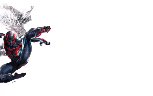 HD PC desktop wallpaper featuring Spider-Man 2099 in a dynamic pose, showcasing the futuristic comic character against a clean white background.
