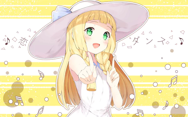 HD PC desktop wallpaper featuring a cheerful girl with long blonde hair and a wide-brimmed hat from the video game Pokémon: Sun and Moon.