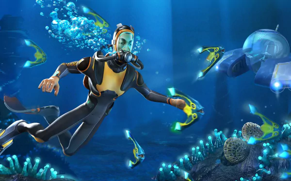 HD wallpaper of a Subnautica game scene showing a diver underwater with futuristic equipment and marine life.