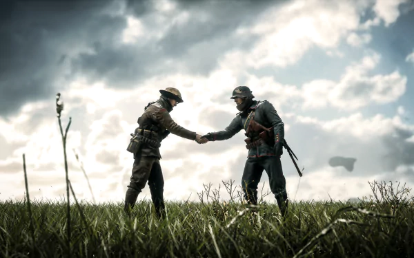 Two soldiers shake hands in a grassy field under a dramatic sky, capturing a moment of camaraderie in the video game Battlefield 1. High-definition PC wallpaper.