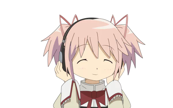 Madoka Kaname (Puella Magi Madoka Magica) smiling with headphones, pastel 4K Ultra HD PC desktop wallpaper/background on a clean white backdrop