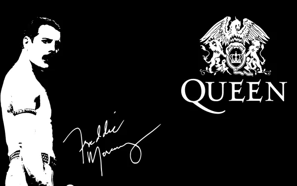 HD desktop wallpaper featuring Freddie Mercury and Queen's logo, with Mercury's signature integrated on a black background.