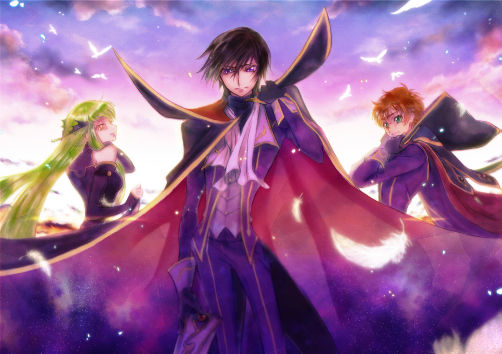 HD anime desktop wallpaper/background of Code Geass: Lelouch in a dramatic cape at center, C.C. with green hair to the left and Suzaku to the right beneath a glowing purple-pink sky.