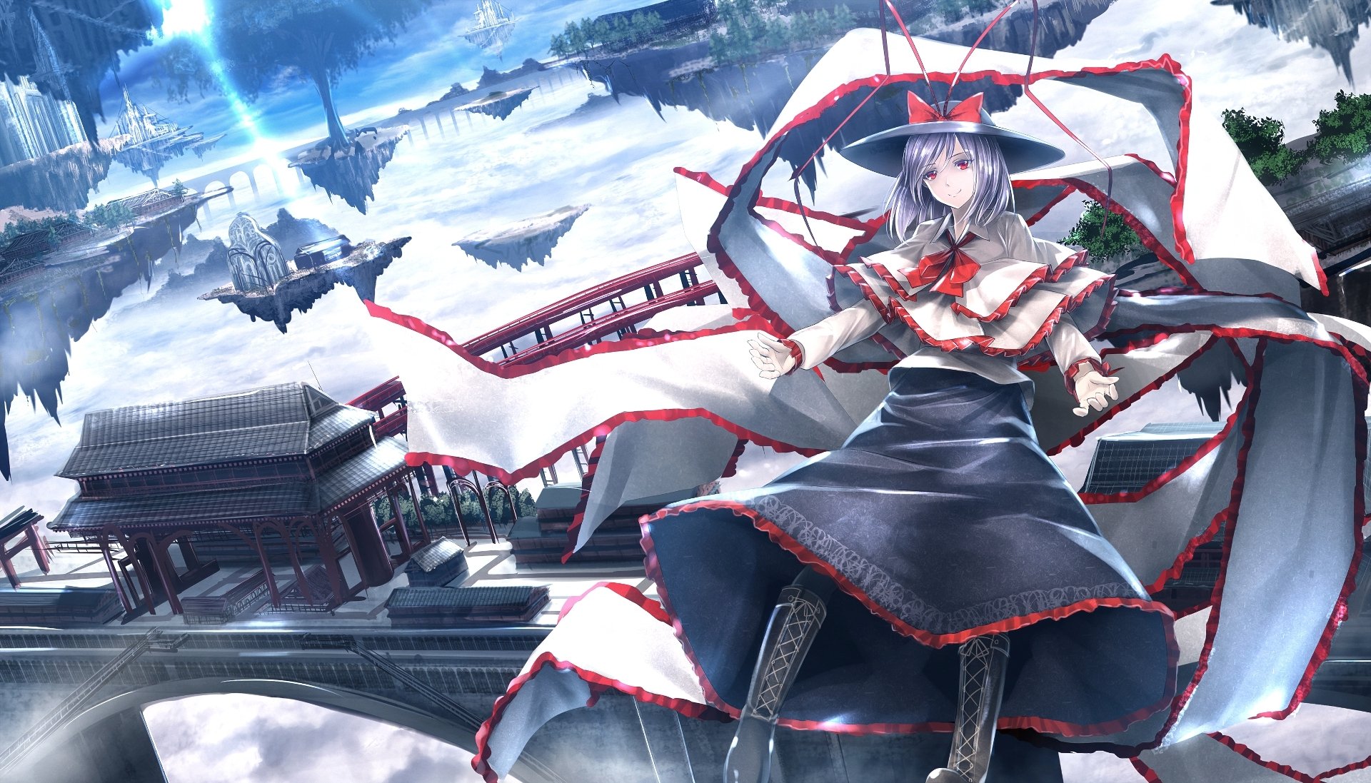 HD anime desktop wallpaper featuring a Touhou character with flowing robes and a dynamic pose against a snowy landscape with traditional architecture.