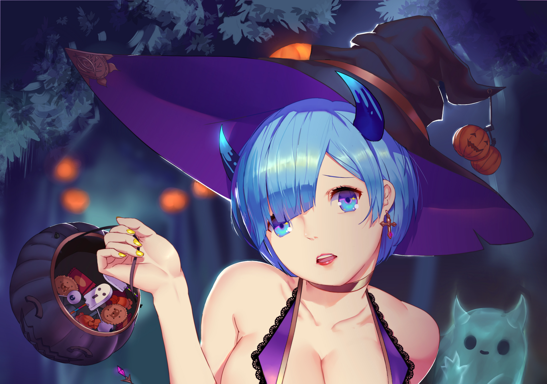 HD desktop wallpaper featuring Rem from Re:ZERO - Starting Life in Another World in a Halloween-themed outfit, holding a trick-or-treat pumpkin basket against a spooky forest background.