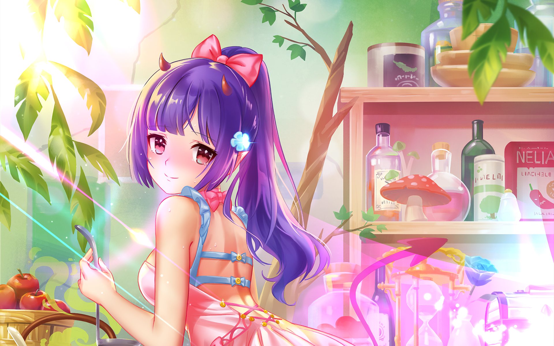 HD anime desktop wallpaper featuring an original character with purple hair, wearing a pink dress, standing in a colorful, kitchen-like setting with bottles and plants.