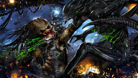 A dynamic HD desktop wallpaper showcasing a fierce battle between a Predator and a Xenomorph in a Sci-Fi setting, inspired by Alien vs. Predator. Intense colors and action-packed visuals.