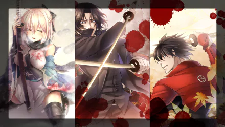 HD anime desktop wallpaper featuring a crossover of Toyohisa Shimazu, Toshizou Hijikata, and Sakura Saber from Fate/Grand Order and Drifters (EVE Online) with dynamic battle poses.