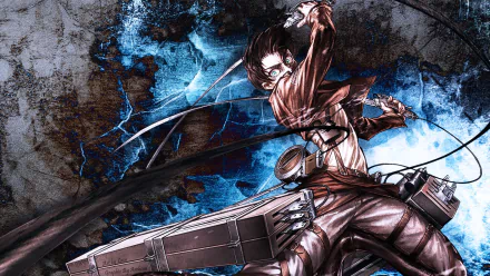 HD desktop wallpaper featuring Eren Yeager from Attack on Titan. He has brown hair, blue eyes, and is wearing a uniform with a jacket and belt. He holds a sword, looking angry and ready for battle.