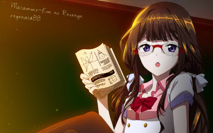 Aki Adagaki from the anime Masamune-kun's Revenge is depicted in this HD desktop wallpaper, reading a book with a focused expression.
