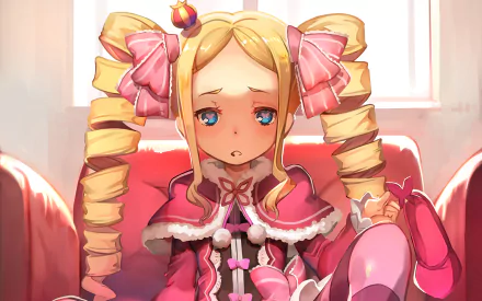 An HD wallpaper featuring Beatrice from Re:ZERO - Starting Life in Another World, showcasing her distinctive pink attire and characteristic expression in a cozy setting.
