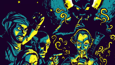 HD desktop wallpaper of Werewolves Within featuring stylized characters and a menacing werewolf silhouette against a starry night backdrop.