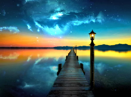 HD desktop wallpaper of an artistic dock extending into a calm sea under a vibrant sky, illuminated by a glowing lamp on the pier at sunset by the ocean.