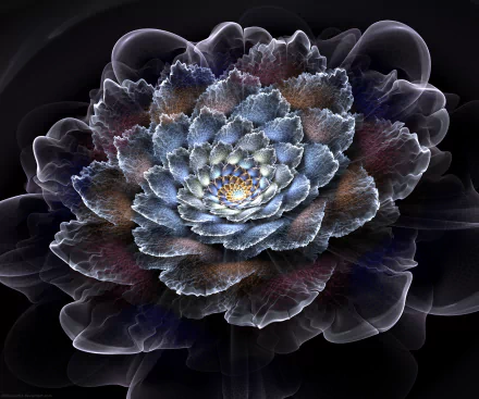 HD PC desktop wallpaper featuring an abstract fractal flower with intricate, layered petals in soft blue and earthy tones against a dark background.