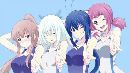HD desktop wallpaper featuring anime characters Kazane Aoba, Non Toyoguchi, Sayaka Miyata, and Nozomi Kaminashi from Keijo!!!!!!!!. The characters are smiling and posing playfully against a light blue background.