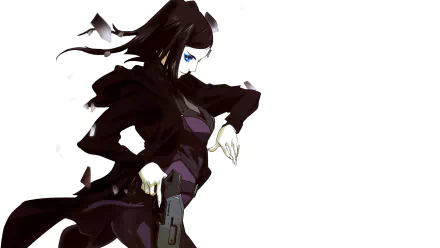 Ergo Proxy anime HD PC desktop wallpaper: Re-l Mayer in a black coat holding a handgun, pale face and blue eye makeup against a stark white background.