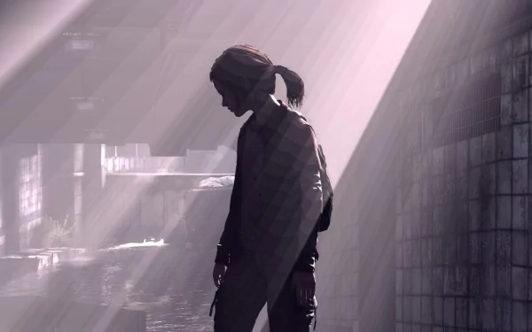 HD wallpaper featuring Ellie from the video game The Last of Us, standing in a dimly lit, abandoned building with sunlight streaming in, creating a moody atmosphere.