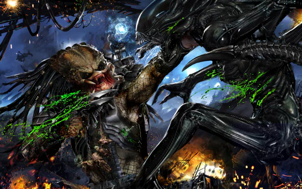 A dynamic HD desktop wallpaper showcasing a fierce battle between a Predator and a Xenomorph in a Sci-Fi setting, inspired by Alien vs. Predator. Intense colors and action-packed visuals.
