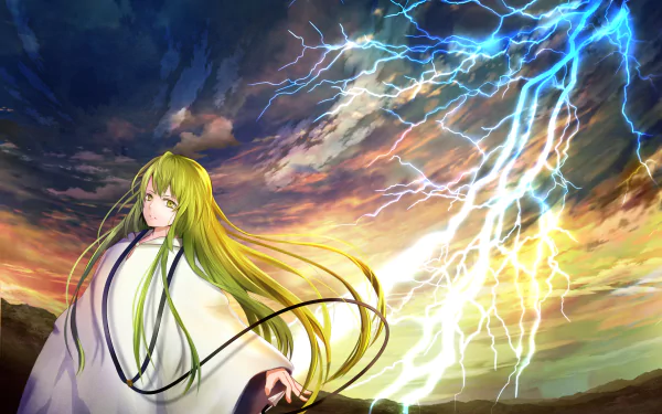 Anime-style Fate/Grand Order character with flowing green hair stands against a dramatic stormy sky illuminated by vivid lightning in this 4K Ultra HD PC desktop wallpaper.