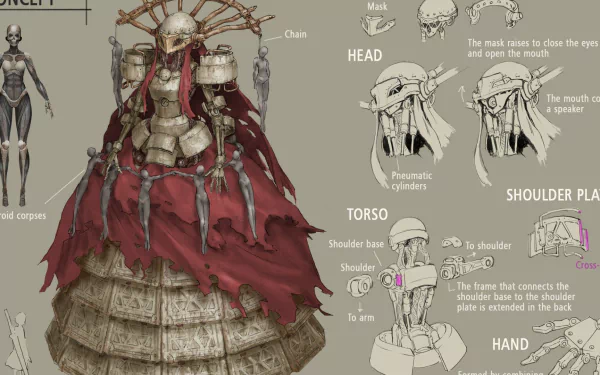 HD NieR: Automata concept art wallpaper featuring detailed character design sketches on a beige background.