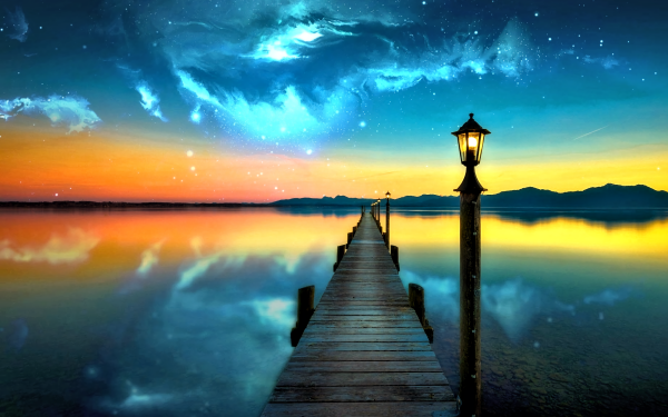 Artistic Dock Lamp Light Ocean Sea Sky Pier HD Wallpaper | Background Image