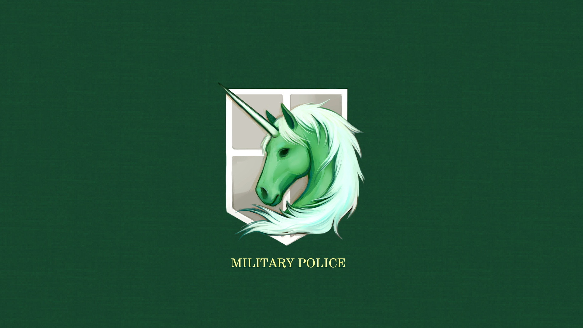 HD PC desktop wallpaper featuring the Military Police emblem with a green unicorn from the anime Attack on Titan.