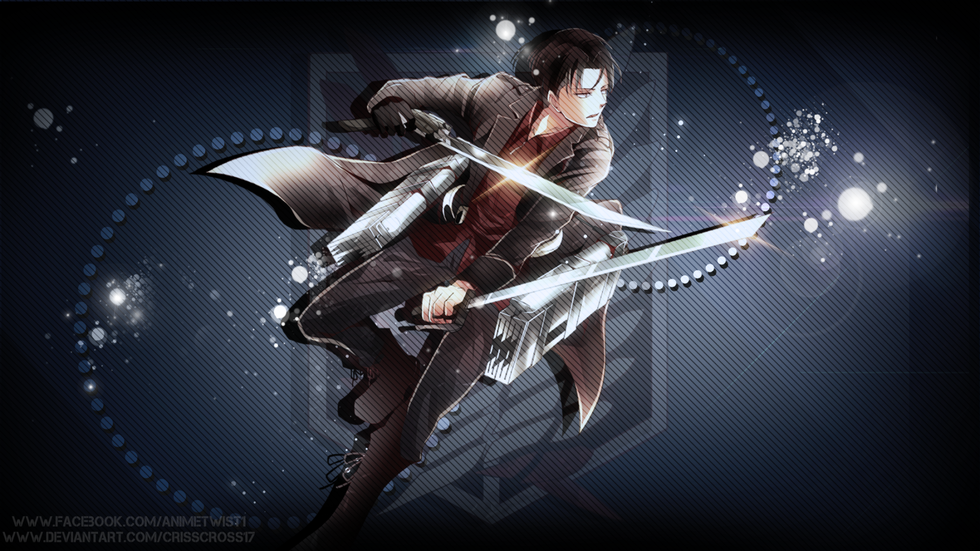 HD desktop wallpaper featuring Levi Ackerman from Attack on Titan, depicted in an action pose with dual blades against a dynamic, glowing background.