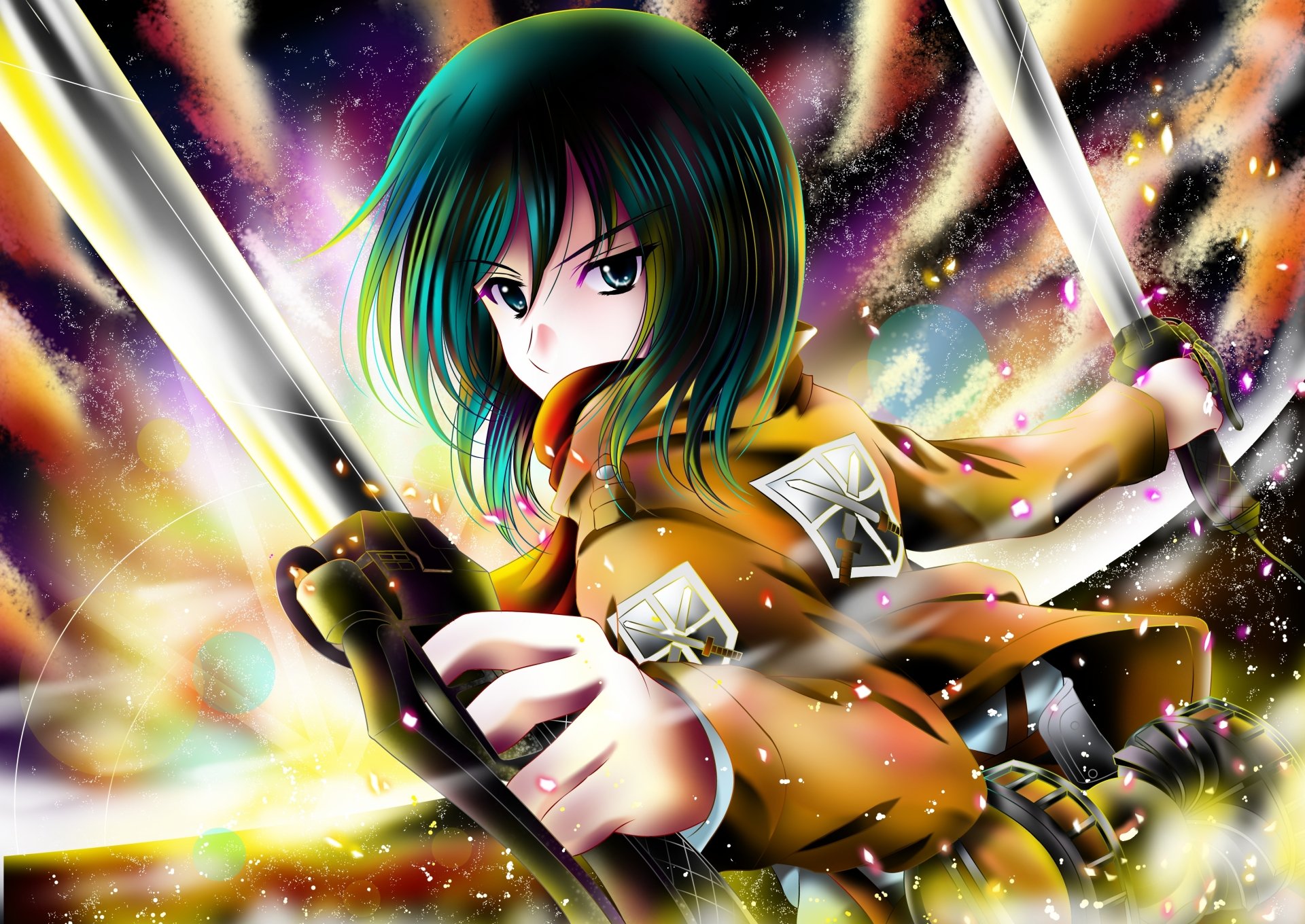 HD PC desktop wallpaper featuring Mikasa Ackerman from Attack on Titan, showcasing her intense expression and dual swords amid a vibrant, dynamic background.