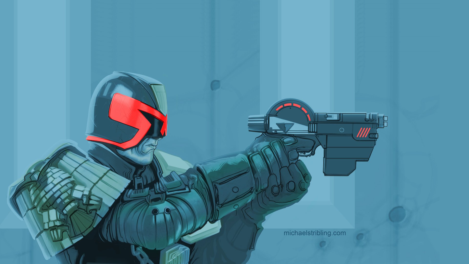 HD PC desktop wallpaper featuring Judge Dredd from the 2000 AD comic, depicted aiming his futuristic weapon in a stylized blue-toned background.